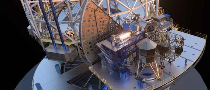 Artistieke impressie van ESO’s Extremely Large Telescope (ELT). Te zien is de telescoopstructuur en een van de platforms waarop de wetenschappelijke instrumenten geplaatst worden.