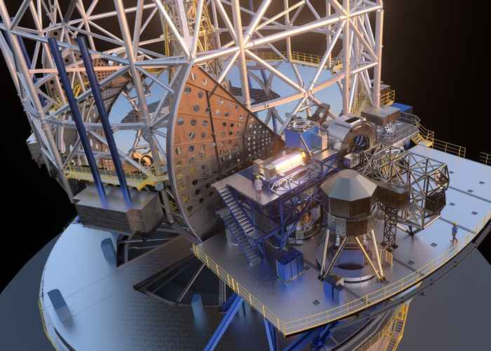 Artist's impression of ESO’s Extremely Large Telescope (ELT). It shows the telescope structure and one of the platforms for the scientific instruments. Credit: ESO/L. Calçada