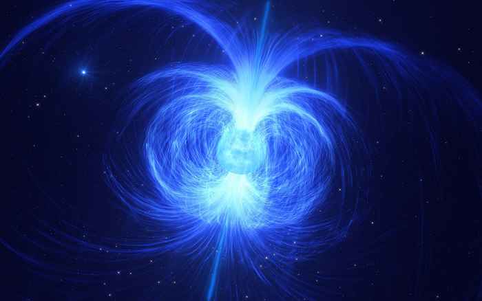 Artist's impresson of a magnetar: a blue glowing ball emitting magnetic lines from top and bottom. The magnetic lines follow a curve and meet half way
