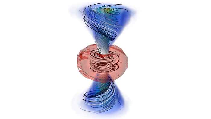Tekening van een blauwe zandloper-achtige vorm met een oranjerode bol in het midden. De zandloper-uiteinden stellen jets voor en de bol de botsende neutronensterren.