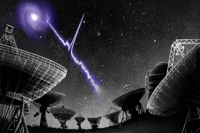 Artist's impression in greyscale and purple of radio telescopes, big dishes on stalks, with a radio wave above.