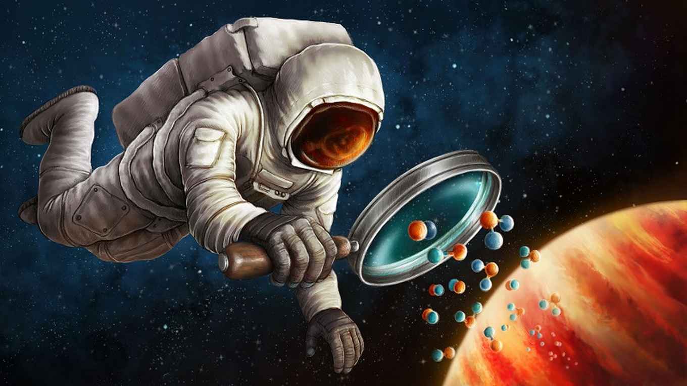 Tekening van een astronaut die met een loep deeltjes die van een planeet afkomen bestudeert