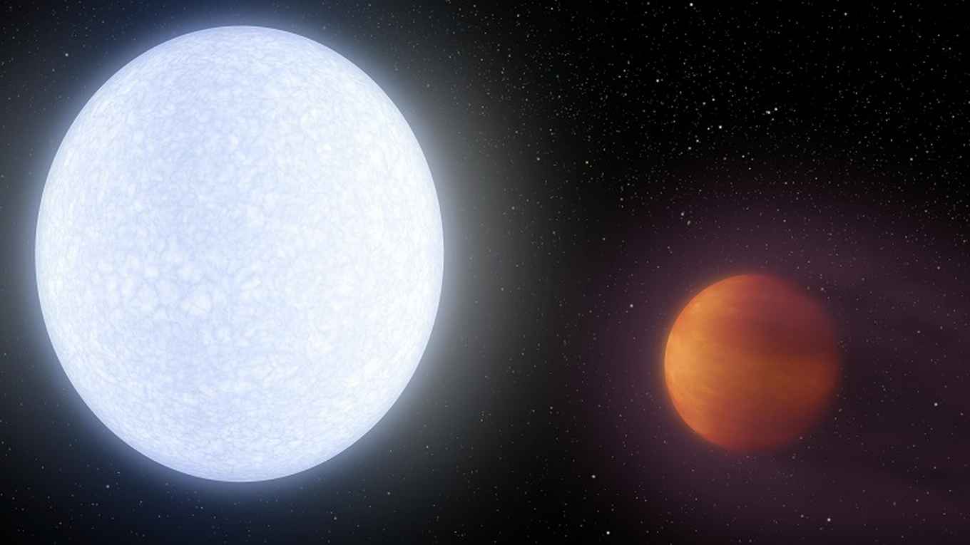 Artistieke impressie van exoplaneet KELT-9b (rechts) en de bijbehorende ster KELT-9