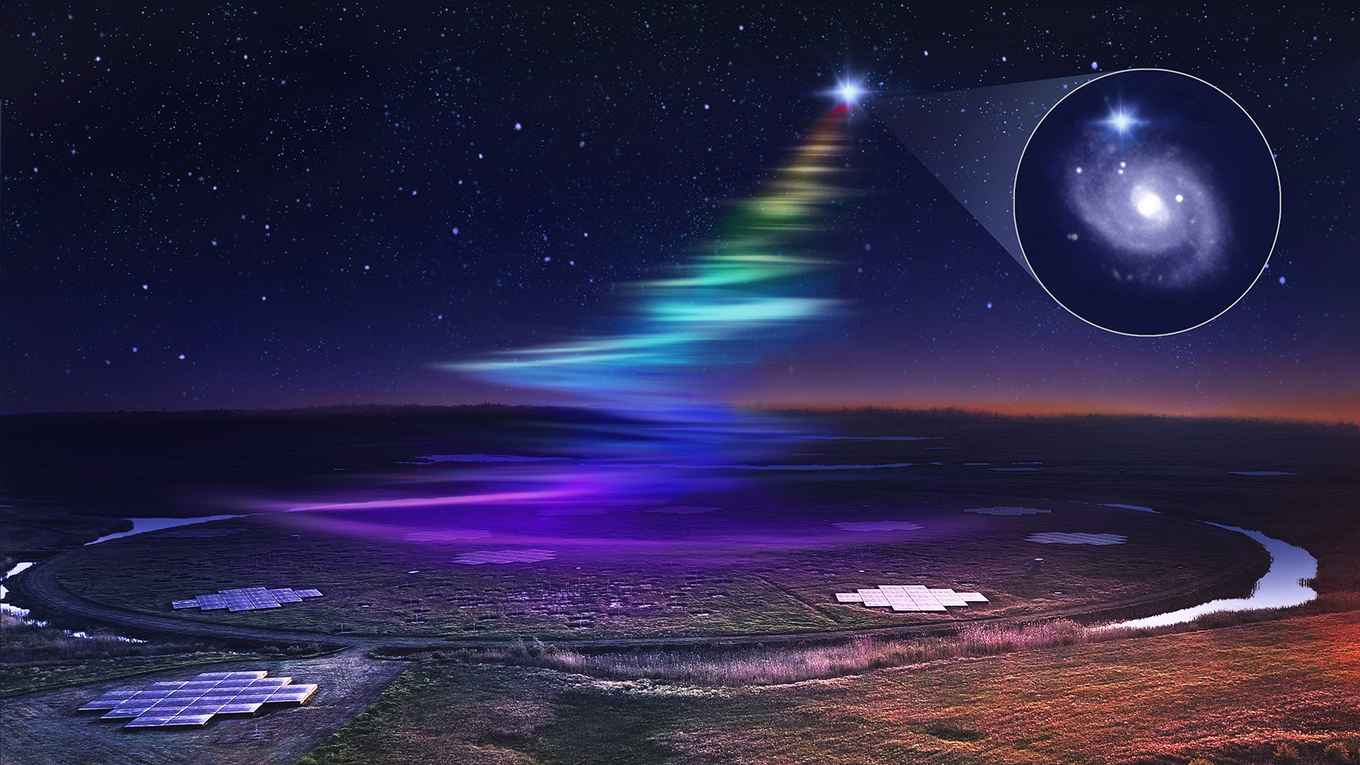Artistieke weergave van hoe de snelle radioflits het Superterp telescoopcluster raakte