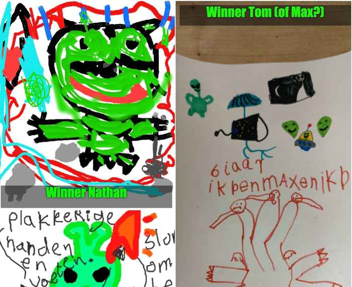 Three kids' drawings of aliens