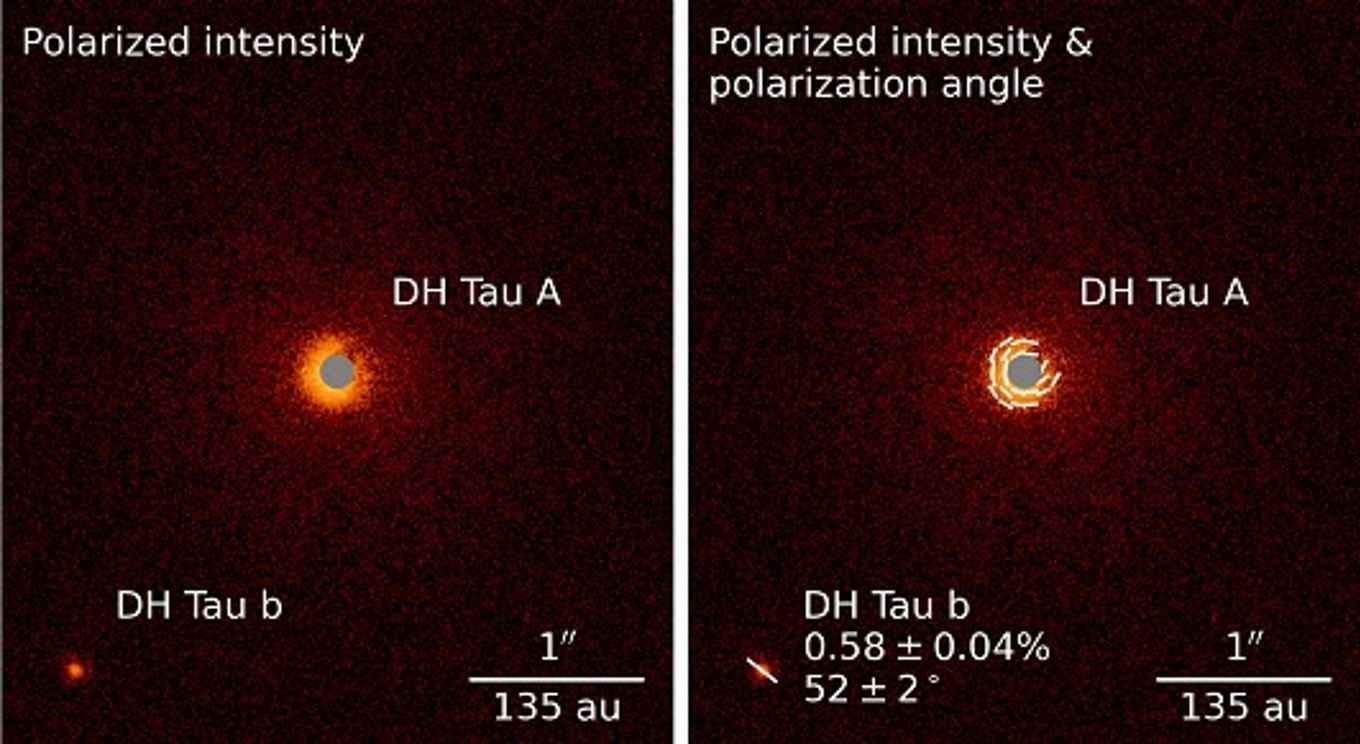 Drie afbeeldingen van de exoplaneet DH Tau b. De linker toont al het licht, dus ongepolariseerd en gepolariseerd licht. De middelste afbeelding toont alleen het gepolariseerde licht. De rechter afbeelding laat daarnaast de richting van het gepolariseerde licht zien. In gepolariseerd licht is de planeet DH Tau b te zien, wat wijst op een schijf van stof en gas om deze planeet. De schijf rond de ster is ook zichtbaar. (c) ESO/VLT/SPHERE/Van Holstein et al.